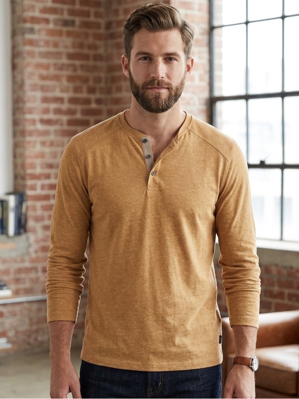 Kenneth Cole Men's Camel Long Sleeve Tee, size medium, Henley